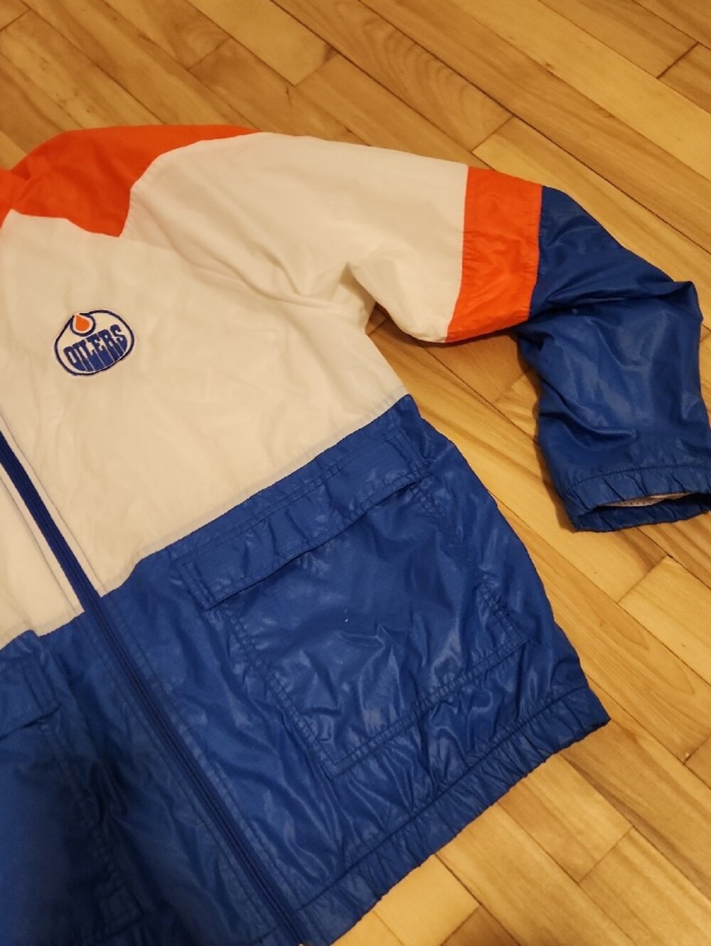 Vintage Oilers Blue/White/Orange Colorblock Windbreaker Jacket - NHL Inspired - Picture 4 of 16